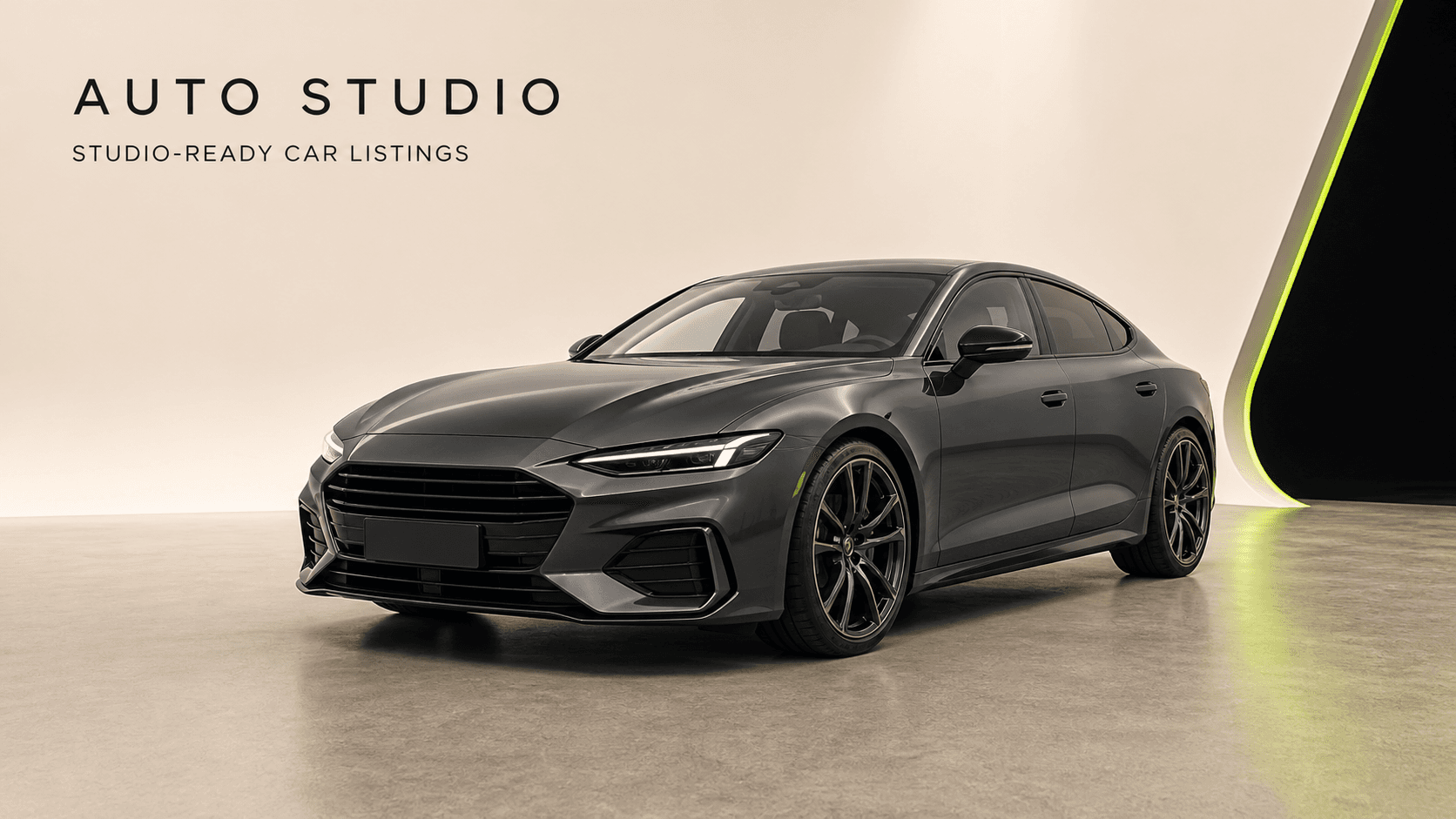 Illustrative AutoStudio studio image of a graphite sports sedan
